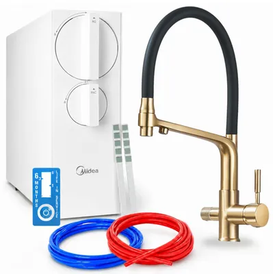 Immagine prodotto di Rubinetto con sistema di osmosi inversa Ari 800 GPD, miscelatore a due manopole, cartuccia in Vetroceramica, aeratore, girevole a 360 gradi, in ottone, finitura oro spazzolato