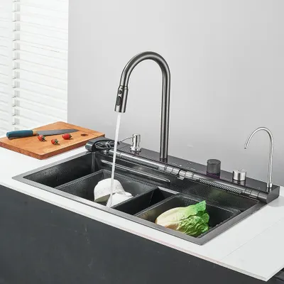 Produktbild von Küchenspüle Wasserfall - Einzelbecken, Aufsatz - Edelstahl - Armatur mit Filteranschluss - Ausziehbrause 3 Modi - LED Temperaturdisplay (Wasserkraft) - Gunmetal Grau/Grün