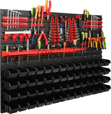 Obrázek produktu pro Skladovací systém Dílenské regály | 117 x 78 cm | 56 ks. Box | Nástěnný regál s držáky na nářadí a stohovatelnými boxy - Nástěnné desky Extra silné regály s přihrádkami Nástěnná deska s otvory pro nářadí Skladovací regály Garážové regály