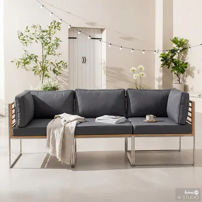 Produktbild von home24 Teakholz Gartenbank - 3-teilig - Webstoff / Teak Massiv - Grau / Braun