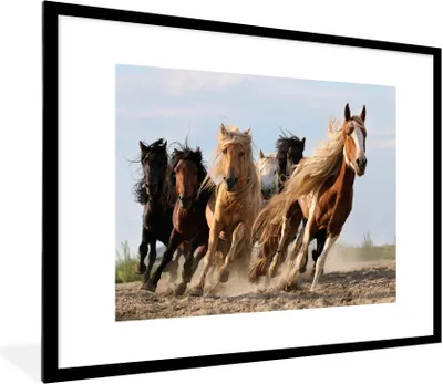 Produktbild von MuchoWow® MuchoWow® Gerahmtes Poster Laufende Pferde in der Mongolei 80x60 cm - Poster mit zchwarzem Bilderrahmen - Schlafzimmer-Dekorationen - Fotoposter