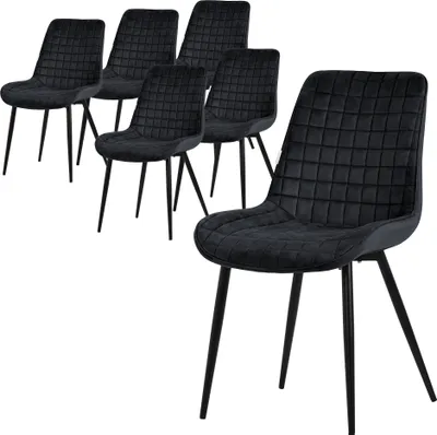 A set of six black dining chairs with quilted velvet seats and black metal legs, arranged on a white background.