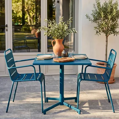 Image de Ensemble table 70 cm et 2 fauteuils de jardin en métal bleu pacific - Oviala Palavas