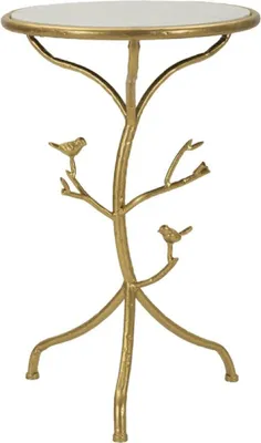 A gold-colored side table with a marble top, featuring a branch-like base with three small birds perched on it.