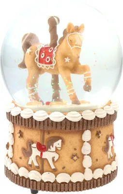 Produktbild von Schneekugel/Spieluhr Ø100mm mit drehendem Lebkuchenpferd auf Lebkuchensockel zum Aufziehen mit weihnachtlicher Musik H:15cm