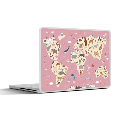 Produktbild von MuchoWow® Laptop Aufkleber Sticker Cover Weltkarte Kinder - Tiere - Erde - Jungen - Mädchen - Rosa 31x22.5 cm - Laptop-Deko