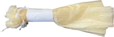 A roll of sausage casings tied with string, with a white label wrapped around the middle.