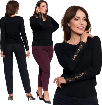 Zdjęcie produktu dla Elegancka Bluzka Damska Czarna Koronkowy Długi Rękaw Modna Moraj S