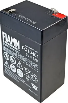 A black FIAMM FG10451 6V 4.5Ah battery is shown against a white background.