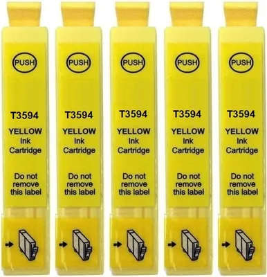 Five yellow ink cartridges lined up against a white background.