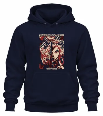 Immagine prodotto di Felpa con cappuccio unisex Rengoku Kimetsu no Yaiba Demon Slayer con spada di fuoco, blu navy, taglia S