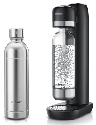 Productafbeelding van Arendo koolzuurwaterapparaat set met 1 roestvrijstalen fles (1 liter) en 1 PET-fles, met fijn instelbare koolzuurtoevoer, geschikt voor een 60-liter CO2-cilinder, werkt zonder elektriciteit, koolzuurwaterapparaat voor in de keuken, 3-delig, zwart
