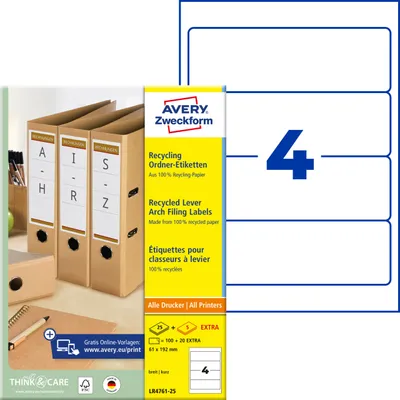 Produktbild von Avery Zweckform LR4761-25, Recycling Ordner-Etiketten, A4, 61 x 192 mm, 120 Etiketten / 30 Bögen, naturweiß