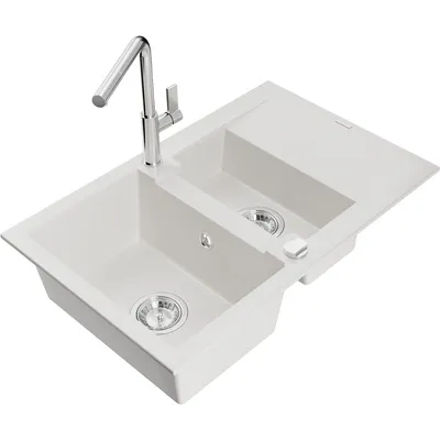 Obrázek produktu pro Mexen Gaspar 1,5-miskový granitový dřez s odkapávačem a kuchyňskou baterií Flora, Bílá - 6507-20-670401-00