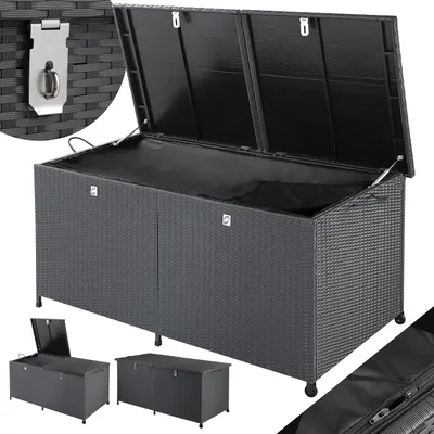 Image de CASARIA Coffre de rangement extérieur en polyrotin XXL - Noir - 625 litres avec roulettes - Malle de jardin pour coussin avec vérins à gaz - Système à double ouverture