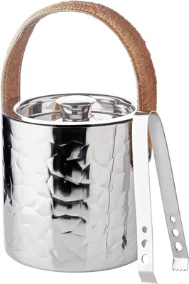 Productafbeelding van Eisbak Capri met deksel, roestvrij staal, hoogglanzend gepolijst, met reliëf aan de buitenkant, lederen handvat, tang, hoogte 17 cm
