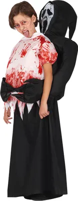 A child wearing a costume that appears to be a 'Grim Reaper' or similar character, with a bloody shirt.