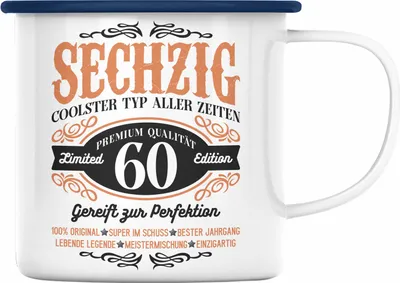Produktbild von Trendation -  60. Geburtstag Emaille Tasse Mann Geschenk 60er Geschenkidee 60 Vater Männer Lustig Geschenke 60 Jahre Alt Mann Männer Vater (Blau)
