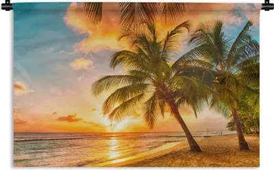 Produktbild von MuchoWow® Wandteppich Wandbehang Sonnenuntergang - Palme - Wolken - Meer - Strand 60x40 cm Tapisserie Dekoration Wandtuch - Wanddekorationen