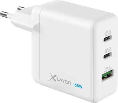 A white Xlayer 65W USB-C power adapter with multiple ports.