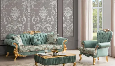 Produktbild von Casa Padrino Luxus Barock Wohnzimmer Set Grün / Gold - 2 Sofas mit Muster & 2 Sessel mit Muster & 1 Couchtisch - Wohnzimmer Möbel im Barockstil - Edel & Prunkvoll