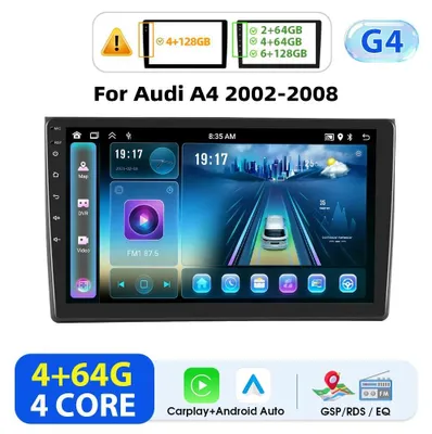 Produktbild von Android Autoradio für Audi A4 2002–2008 - Doppel-DIN 23 cm - CarPlay - 4+64 GB - GPS WLAN Bluetooth - 1024×600 - RDS FM - Grau