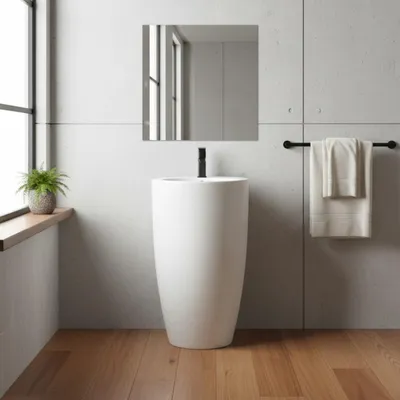 Immagine prodotto di Lavabo freestanding rotondo in Vetroceramica bianco lucido 50x50xH86 – Modello LAV203