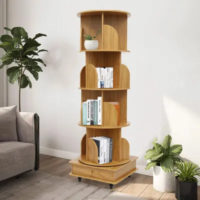 Image de Bibliothèque pivotante - 4 étagères sur roulettes - Bois massif - 16 compartiments - 80 à 100 livres - Capacité de charge de 35 kg - 46 × 46 × 142 cm - Bois clair/kaki