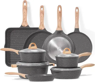 Produktbild von JEETEE Wesentlich Topfset Pfannenset 23-tlg. Antihaft-Granit Induktion Kochtopf Set met Deckel Bratpfanne Kasserolle Grillpfanne Crêpe-Pfanne Grau