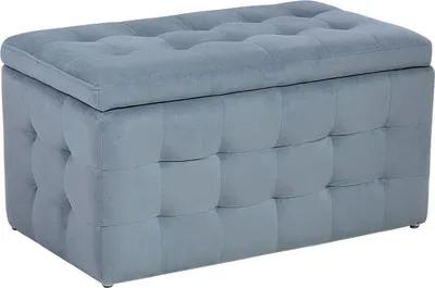 A tufted storage ottoman in a light blue-grey velvet fabric, shown from a slight angle against a white background.