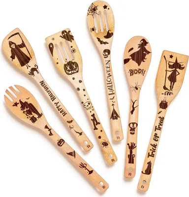 Produktbild von 6-teilige Holzlöffel zum Kochen und Servieren – HexenküchenNachbildungation – Halloween-Küchenzubehör – gruselige Geschenke für Frauen – niedliche Halloween-Nachbildungationen für die Küche – Hexenlöffel-Set