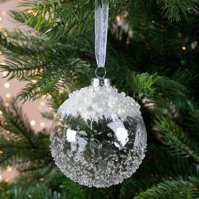 Produktbild von Weihnachtskugeln Glas mit Perlen Schnee 8cm klar transparent, 3er Set