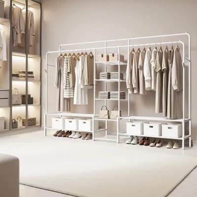 A well-organized closet with a white open wardrobe rack displaying clothes and accessories.