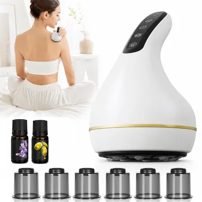 Produktbild von Elektrisches Schröpfgerät, Schröpfmassagegerät mit 6 Schröpfgläsern, stufenloser Saugkraft, Wärmefunktion 36–45 °C, 2 Massageölen, USB wiederaufladbar