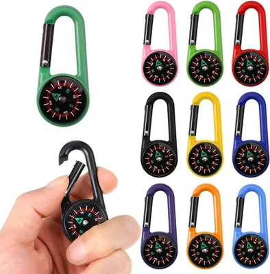 Imagen del producto de Mosquetón con mini brújula, paquete de 10 unidades, de colores variados, para actividades al aire libre