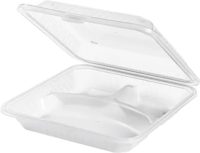 Immagine prodotto di Vassoio per alimenti riutilizzabile Contacto, 3 scomparti, coperchio piatto, bianco, 23 x 23,5 x 6,5 cm, scatola per alimenti, scatola per menù