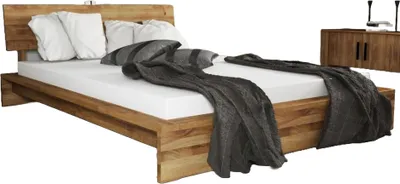 Produktbild von Bett Lubic 2 aus Wildeiche massiv 120x200 mit Holzkopfteil und Holzfußgestell