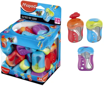 Produktbild von Maped 043111 2, Manueller Bleistiftspitzer, Blau, Orange, Violett, Ausstellungsbox, 24 Stück(e), Frankreich