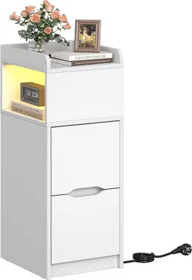 Imagen del producto de Mesita de noche estrecha con toma de corriente y luz LED, color blanco, 26,2 x 29,6 x 65 cm