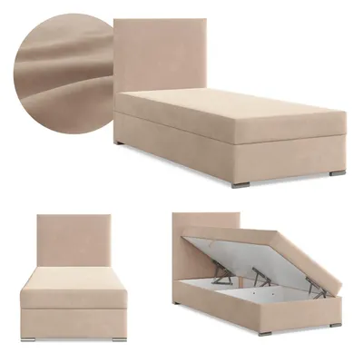Produktbild von Boxspringbett mit Bettkasten, Einzelbett 90x200, Polsterbett mit Kopfteil, mit Bonell Matratze, Jugendbett, Kinderbett, Samt-Velours, ZONZA, Beige
