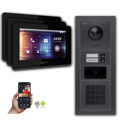 Produktbild von Goliath 2-Draht BUS Video Türsprechanlage: 2 Fam. 3 Monitore, RFID, Zahlencode, Anthrazit : Unterputzdose : 7 Zoll in Schwarz Monitor Auswahl: 7 Zoll in Schwarz Türklingel Montagedose: Unterputzdose
