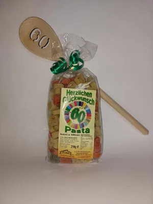 Produktbild von Motivnudeln mit Kochlöffel: Zahl 60, 250g Nudeln + Löffel, Holzlöffel, Geburtstag, Geschenkidee