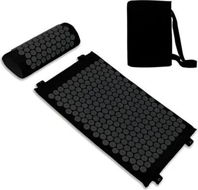 Produktbild von PolkaHome® Akupressur-Set mit Nackenkissen zur Entspannung | Akupunkturmatte und Kissen-Set | Ganzkörpermassagematte mit Griffen | Schwarz
