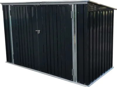 A dark gray metal storage box with double doors and a silver latch.