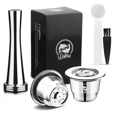 Edelstahl-Kaffeekapsel, wiederverwendbar, für Nespresso, 2 Stück + Zubehör