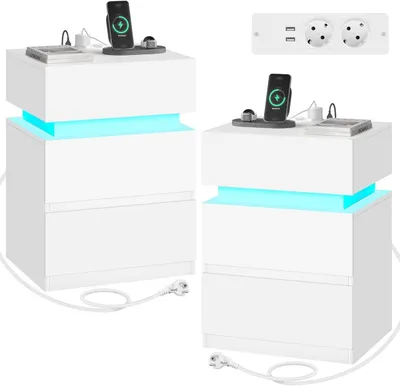 Produktbild von WOLTU Nachttisch mit Ladefunktion, LED-Beleuchtung 25 Lichtfarben, 2 Schubladen : Weiß 2 Farbe: Weiß Stückzahl: 2