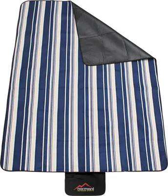 A striped outdoor blanket laid out flat, with one corner folded back to reveal a black backing.