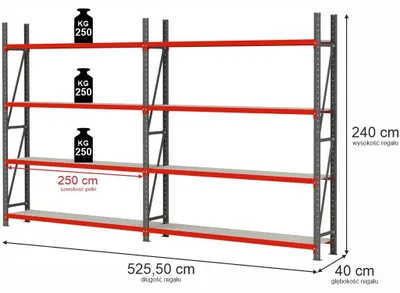 Zdjęcie produktu dla Regał magazynowy metalowy zestaw dwa moduły 8-półkowy Mega-M FORTIS 525,5x40x240cm