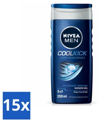 Image de 15 flacons de gel douche NIVEA MEN Cool Kick – 250 ml – Pack économique – 15 pièces