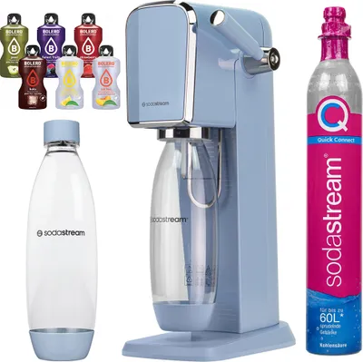 A collection of SodaStream products including a blue water carbonator, bottles, and flavor syrups, along with a CO2 cylinder.